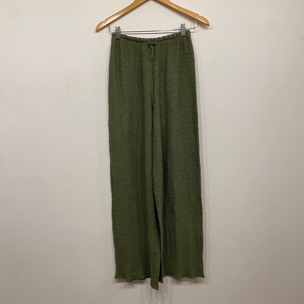Zara Olive Green Textured Wavy Ripple Wide Leg Elastic Waist Pants Small